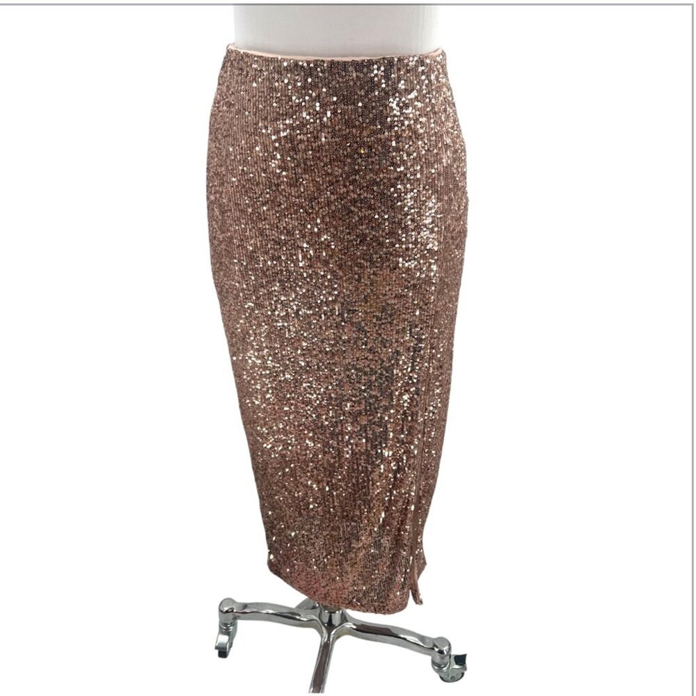 Free People Sea Shell Sequin Maxi Skirt gold Sz 0 high slit - Picture 5 of 10